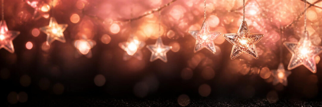 Festive background with glowing starshaped fairy lights hanging against a blurred warm bokeh backdrop, perfect for christmas or holiday celebration concepts and greeting cards