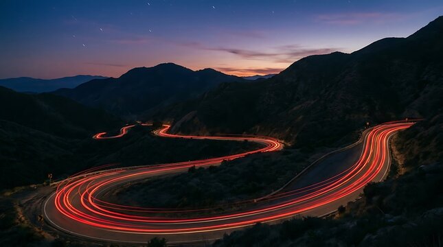 Winding mountain road with long exposure car light trails at sunset in the evening