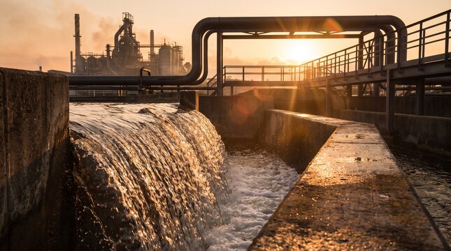 Water cascading over industrial concrete weir at golden sunset