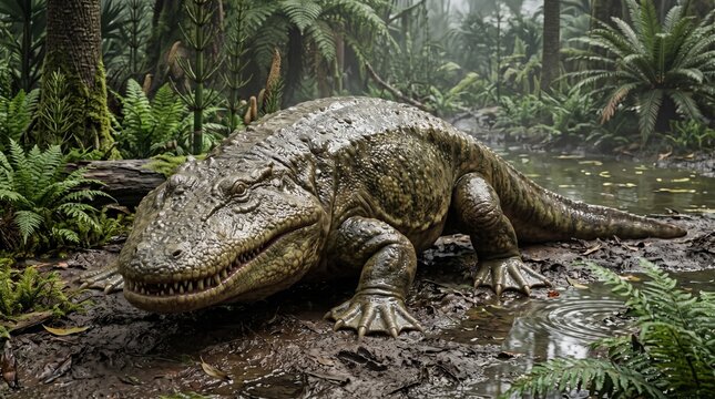 Prehistoric giant amphibian in a misty jungle swamp landscape