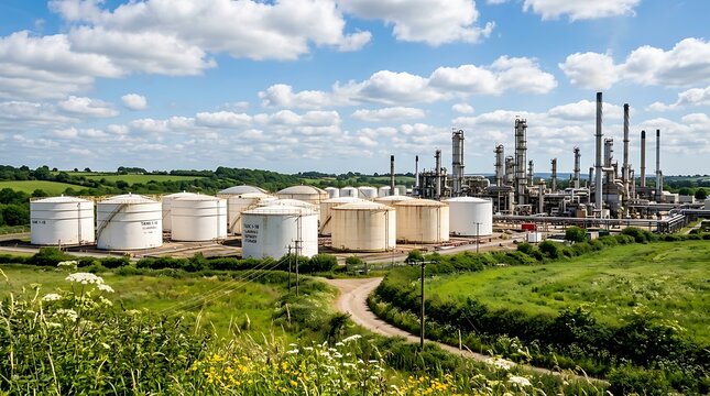 Industrial oil refinery plant with large storage tanks situated in a green countryside landscape under a blue sky