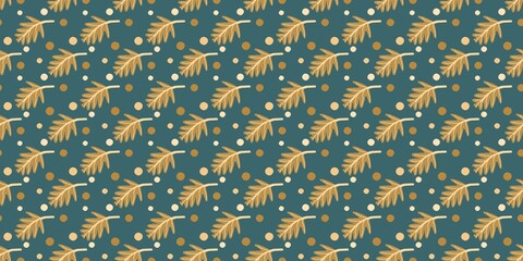 Obraz premium Seamless pattern with autumn oak leaves and polka dots on a teal background.
