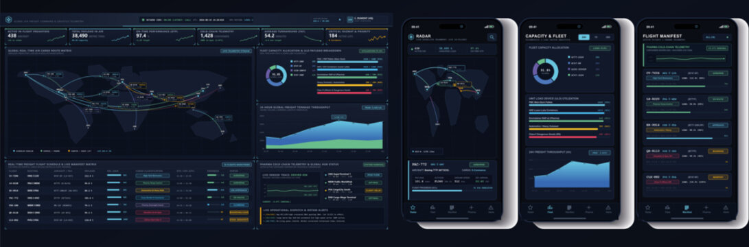 Futuristic air cargo logistics command center with global freight routes, fleet capacity analytics, cold chain telemetry, flight manifests and mobile tracking interfaces. Dark high-tech dashboard