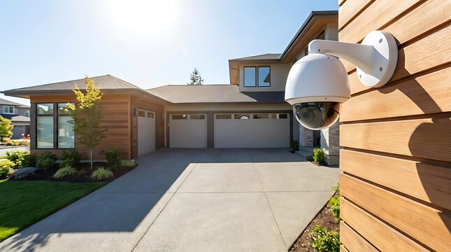 Modern security camera mounted on the wooden wall of a residential house with a driveway and garage in the background