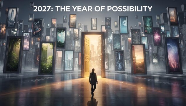 Surreal 2027 poster featuring monumental floating doors across a vast architectural landscape, each revealing a different future, with one figure choosing a glowing doorway symbolizing possibility.