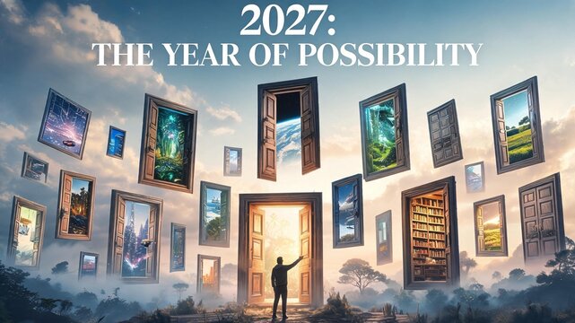 Surreal 2027 poster featuring monumental floating doors across a vast architectural landscape, each revealing a different future, with one figure choosing a glowing doorway symbolizing possibility.