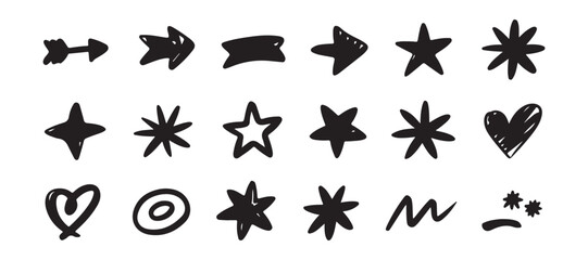 Fototapeta premium Scribble ink icons with arrows stars and hearts isolated on transparent background black hand drawn set art.