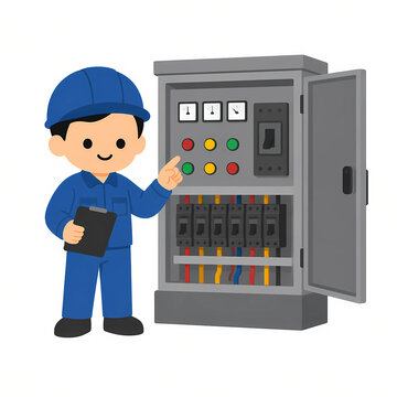 Flat vector illustration of an electrical technician inspecting a control panel