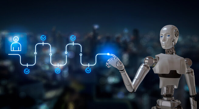 Futuristic robot manager optimizes ai powered business pipeline timeline visual graph with focused expression for corporate growth success