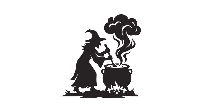 Wicked witch stirring bubbling black cauldron with magic smoke in a dark minimalist vector silhouette design