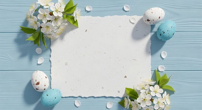 Easter flat lay with blank paper card, pastel eggs and delicate white spring flowers on a light blue wooden background, ideal for greeting cards, invitations, banners, promotions and seasonal designs.