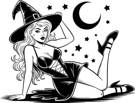 Hand-drawn vintage pin-up witch vector illustration with a crescent moon and stars for Halloween design