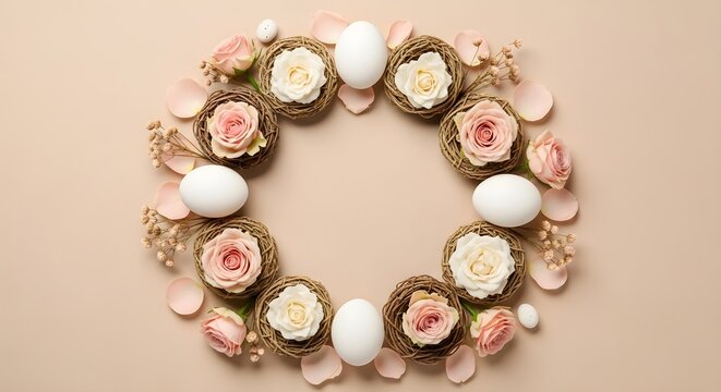 Elegant Easter wreath with pastel eggs, pink and white roses, spring flowers and natural decorative elements on a warm beige background, perfect for greeting cards, invitations and seasonal designs.