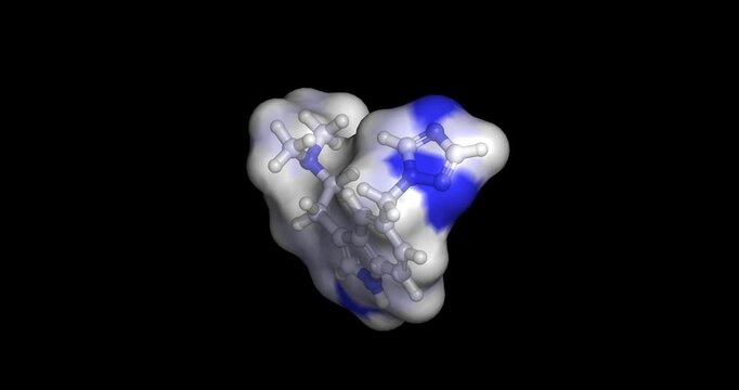 Rizatriptan, selective serotonin 5-HT1B/1D receptor agonist and triptan medication used for the acute treatment of migraine headaches, 3D molecule 4K spinning 