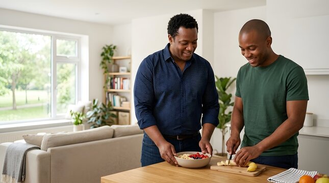Black gay couple and cooking fruit in kitchen for breakfast, healthy eating and morning routine together. Men, relationship and lifestyle in home with wellness, vegan diet, joy and domestic life