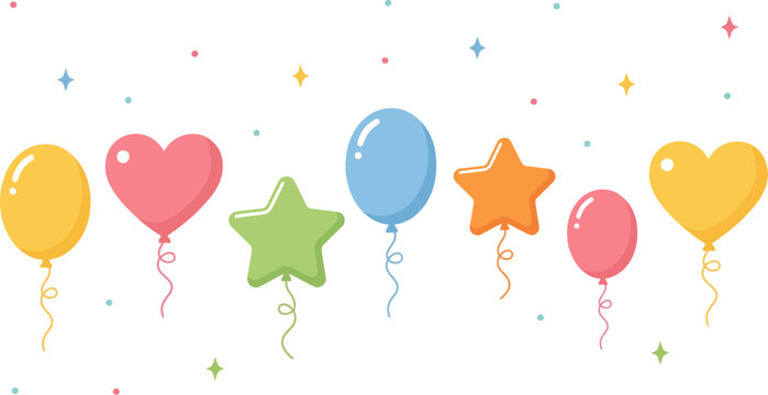 Colorful balloons in various shapes float amidst a scattering of confetti