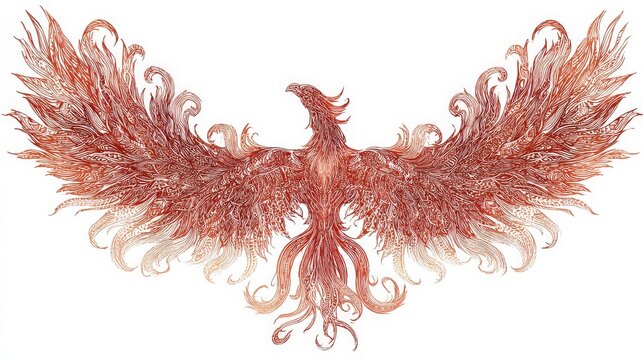 Phoenix Ascending: A magnificent phoenix with fiery plumage and flowing tail feathers takes flight, symbolizing rebirth and transformation. Its wings are spread wide.