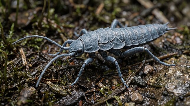 Macro shot of silverfish insect on mossy ground