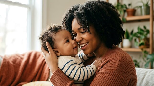 Happy African American mother holding her cute little baby at home in a cozy living room with plants
