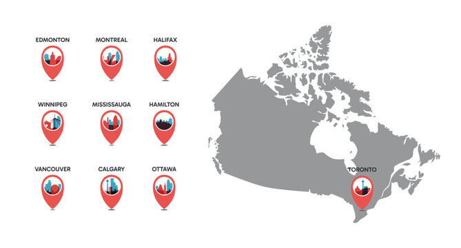 Canada map constructor set with city location pins for Edmonton, Montreal, Hamilton, Toronto, Vancouver, Ottawa, Calgary and more. Vector travel infographics design bundle