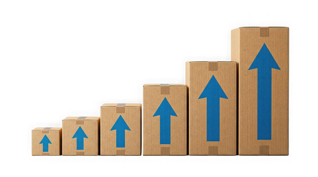 Cardboard shipping boxes arranged in a rising bar graph staircase pattern with blue vertical as isolated object