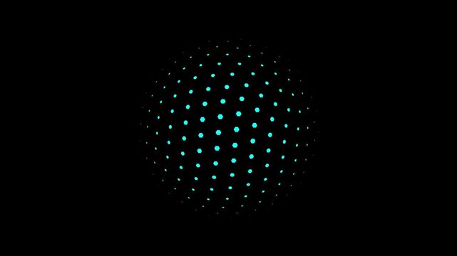 Abstract glowing cyan dotted sphere rotating on black background, futuristic digital tech motion globe