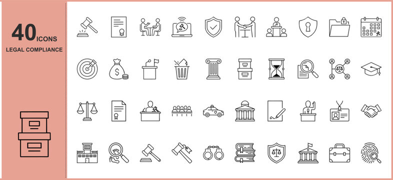 Legal compliance line icons set, 40 law and justice vector symbols, professional courtroom and attorney outline graphics ,Clean grouped each vector icon.