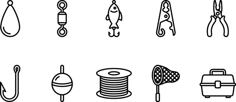 Fishing gear vector icon set with line art elements of hook lure rod line bait tackle box pliers net sinker bobber swivel branding