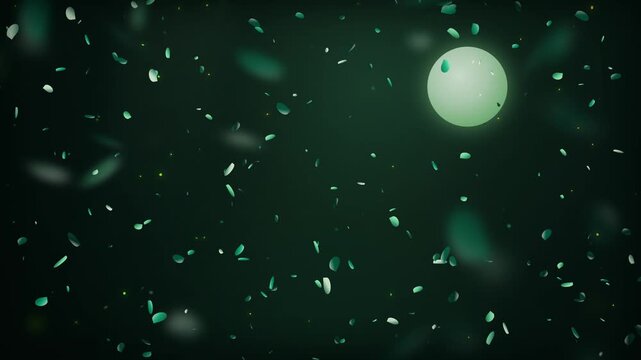Seamless loop of enchanted emerald forest night sky with full moon and falling green leaves background. Abstract magical nature background loop 