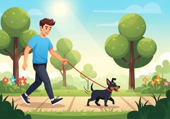 Fototapeta premium 散歩日和、若者と犬の憩い
