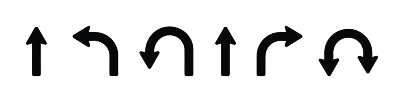 Direction icon set illustrating U turn, straight ahead, one way, left, and right arrows for navigation and roadway signs