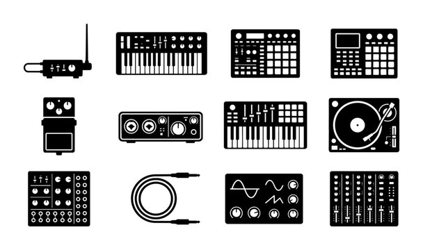 Music Production Equipment Icons: Synthesizers, Turntables, Audio Interfaces, and Effects Pedals, Electronic Studio Gear Collection