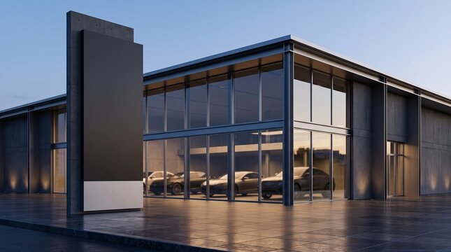 Modern car dealership showroom exterior with blank vertical signboard