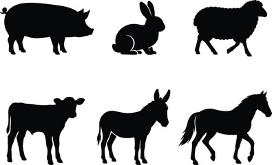 Obraz premium Farm animal silhouettes illustration featuring pig, rabbit, sheep, calf, donkey, and horse for agricultural, educational, and livestock design purposes