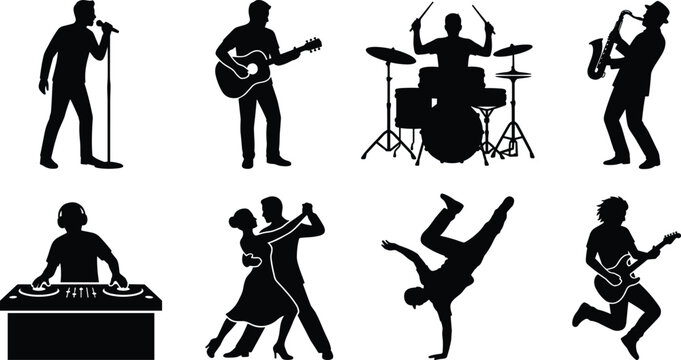 Black silhouette icons of music and dance performances including singer, guitarist, drummer, saxophonist, DJ, couple dancing, and breakdancer