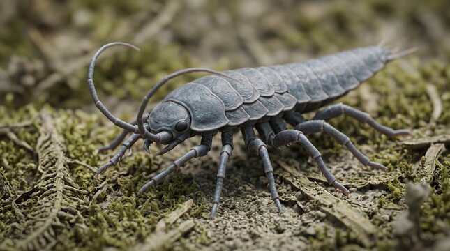 Macro shot of silverfish insect on mossy ground