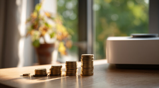 Stacks of golden coins rising across sunlit wooden table with warm shadows and blurred plant background