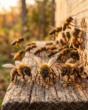 Guard Honey Bees Protecting Hive Entrance (Apis mellifera).