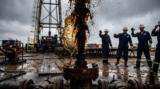 Crude oil erupting from wellhead with workers at industrial drilling rig site