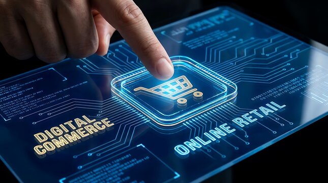 Person touching a digital screen showing a shopping cart icon for online retail and digital commerce technology