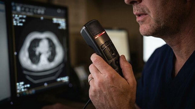 Dictation Microphone Positioned near a Radiologist While Reviewing a PACS Screen