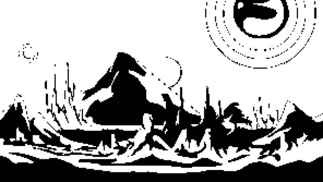 Pixel art sci-fi cosmic landscape with giant sun, waves and alien mountains