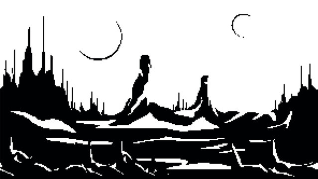Pixel art sci-fi alien landscape with futuristic structures and two moons