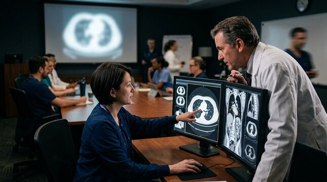 Radiologist and Referring Physician Reviewing a PACS Image Together during a Multidisciplinary Case Conference