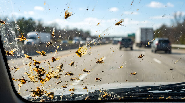 Dried bug splatters and insect residue on a dirty car windshield