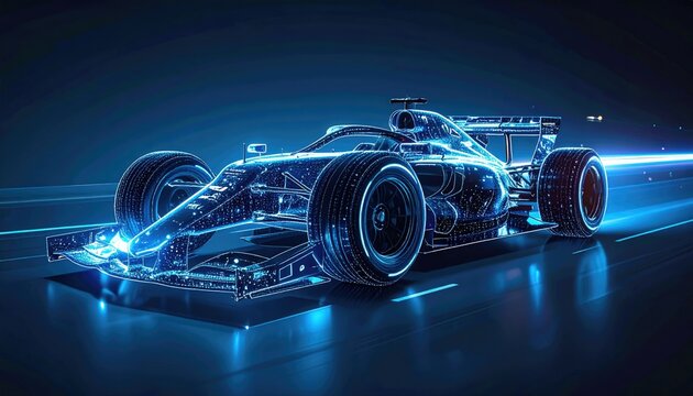Blue, luminous, futuristic race car model speeds along the road with light trails illustrating velocity and high technology