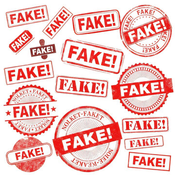 Fake stamp labels with red ink on white paper
