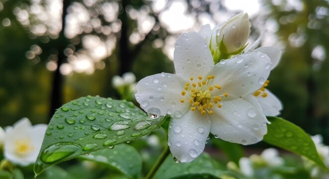 white flower with dew drops on petals