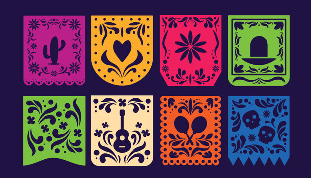 Colorful D&iacute;a de los Muertos papel picado banner set with skulls, guitar, maracas, cactus, heart and floral ornaments on a dark purple background.