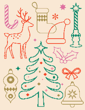Cute Retro Bitmap Pixel Art Christmas Line Art Element Bundle Vector Illustration
